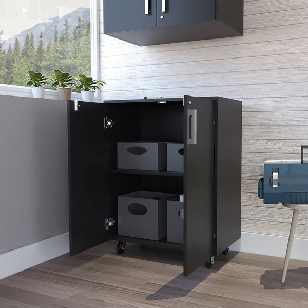 English Elm Storage Cabinet with Smooth Casters and Lockable Double Doors, Two Adjustable Interior Shelves for Organized Durable Office or Garage Storage Black 35.8 L x 20.9 W x 6.7 H B07092084