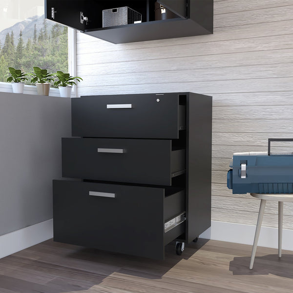 English Elm Storage Cabinet with Smooth Casters and Lockable Double Doors, Two Adjustable Interior Shelves for Organized Durable Office or Garage Storage Black 35.8 L x 20.9 W x 9.1 H B07092085