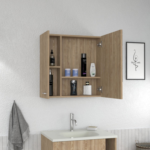 English Elm Sines Pine Mirror Medicine Cabinet with Double Doors, 4 Shelves, 18"x23" Mirror, Beige Minimalist B20092078