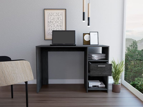 English Elm Computer Desk With Storage Drawer & Open Shelves In Stylish Smokey Oak For Modern Home Offices B097133109