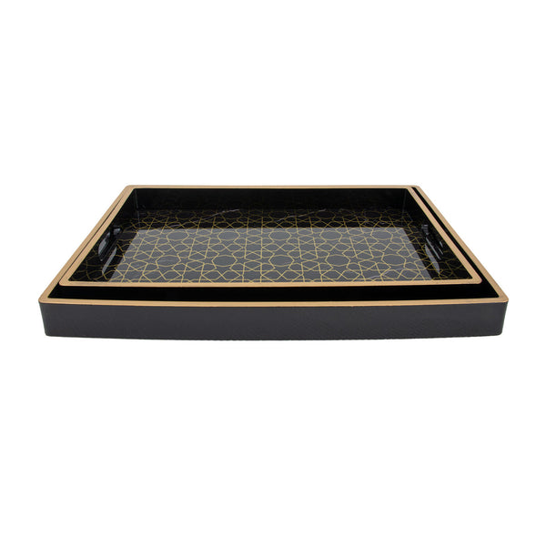 Zeugma Opulence Elegant Serving Tray Set Of 2 - Black Frame With Gold-lined Pattern For Modern Decor Black Frame With Gold Pattern On The Bottom Plaster,Wood,Plywood Hrt24sf638