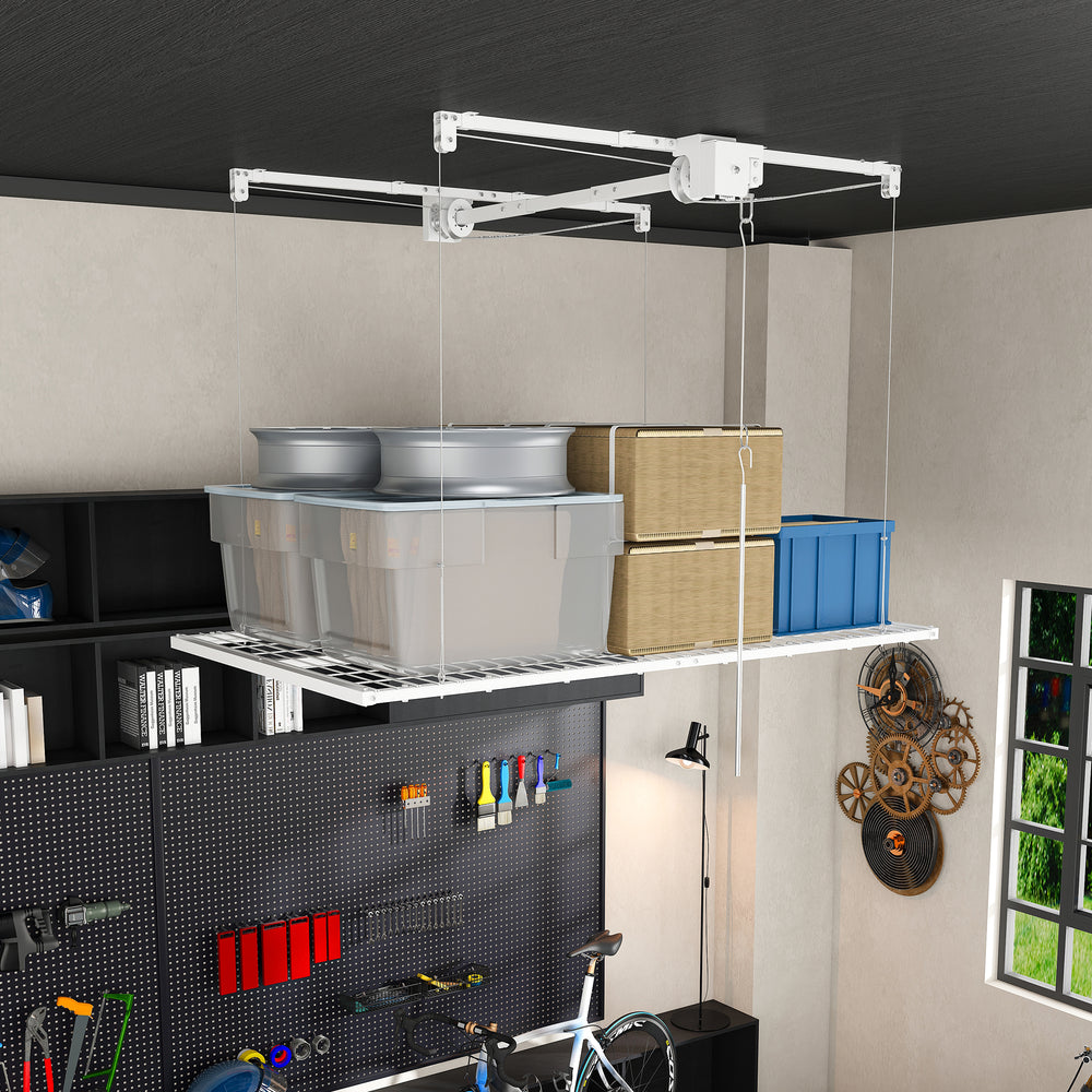 White Steel Overhead Garage Storage Rack with Crank Lift and Auto Safety Lock