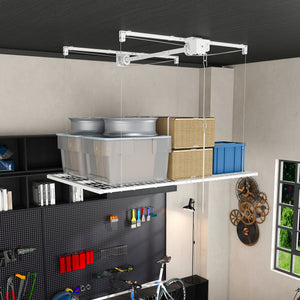 White Steel Overhead Garage Storage Rack with Crank Lift and Auto Safety Lock