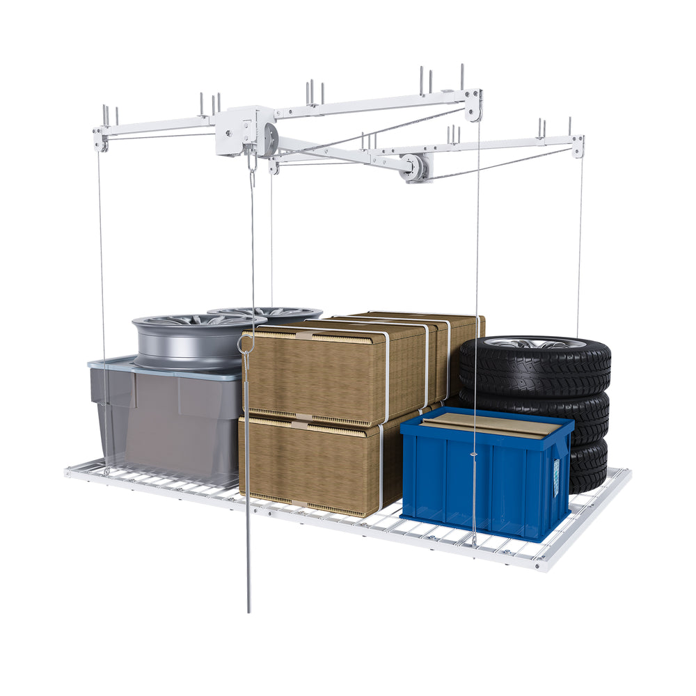White Steel Overhead Garage Storage Rack with Crank Lift and Auto Safety Lock