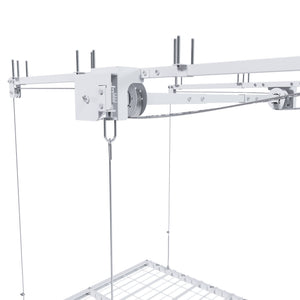 White Steel Overhead Garage Storage Rack with Crank Lift and Auto Safety Lock