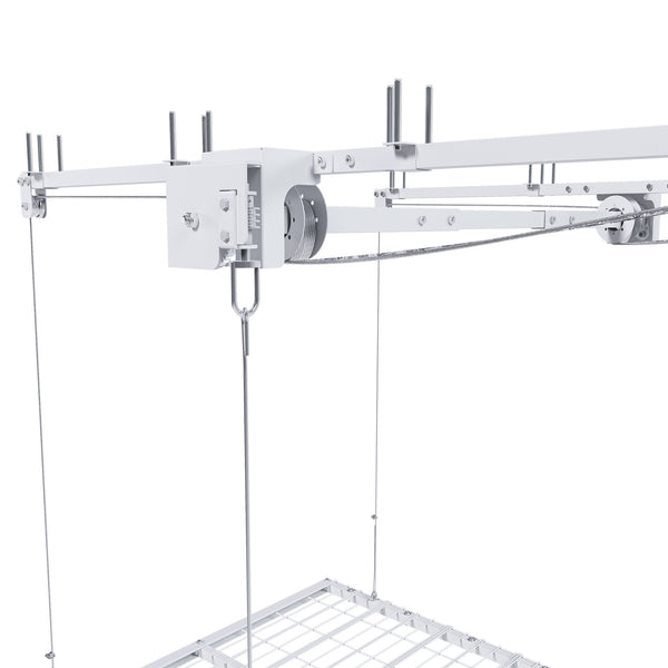 White Steel Overhead Garage Storage Rack with Crank Lift and Auto Safety Lock
