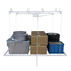 White Steel Overhead Garage Storage Rack with Crank Lift and Auto Safety Lock