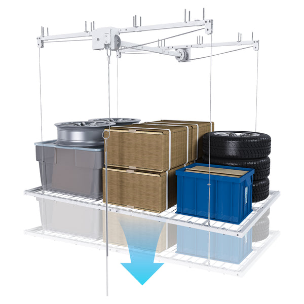 White Steel Overhead Garage Storage Rack with Crank Lift and Auto Safety Lock