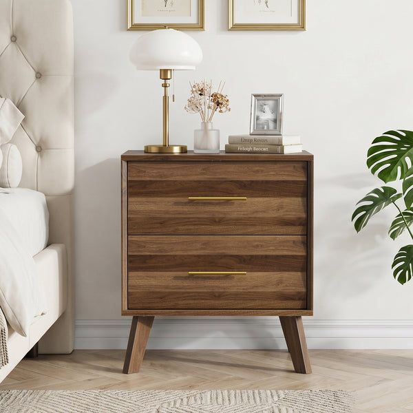 Walnut-Colored Two Drawer Nightstand with Pine Legs and Metal Hardware for Modern Bedrooms