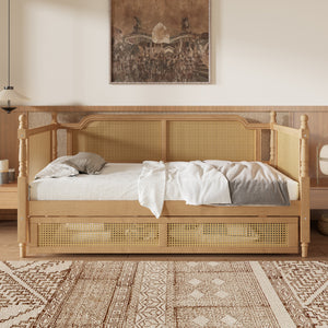 Traditional Rattan Woven Full Daybed with Pine Frame and Under Bed Storage Drawers