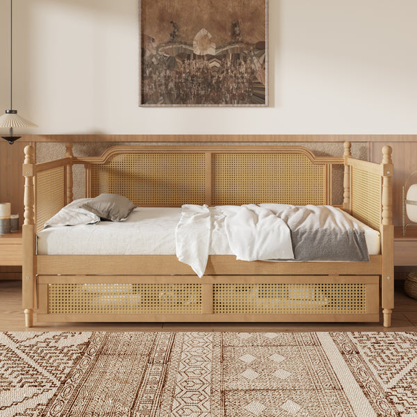 Traditional Rattan Woven Full Daybed with Pine Frame and Under Bed Storage Drawers