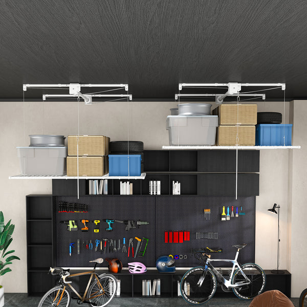 White Steel Overhead Garage Storage Rack with Crank Lift and Auto Safety Lock
