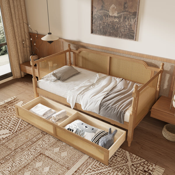 Traditional Rattan Woven Full Daybed with Pine Frame and Under Bed Storage Drawers