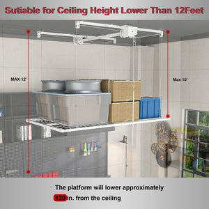 White Steel Overhead Garage Storage Rack with Crank Lift and Auto Safety Lock