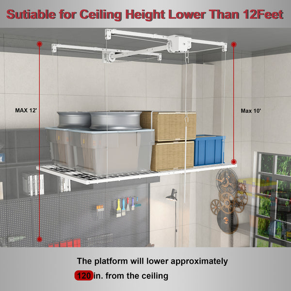 White Steel Overhead Garage Storage Rack with Crank Lift and Auto Safety Lock