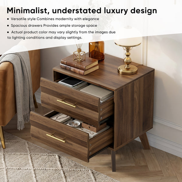 Walnut-Colored Two Drawer Nightstand with Pine Legs and Metal Hardware for Modern Bedrooms