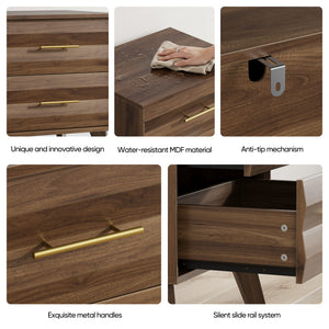 Walnut-Colored Two Drawer Nightstand with Pine Legs and Metal Hardware for Modern Bedrooms