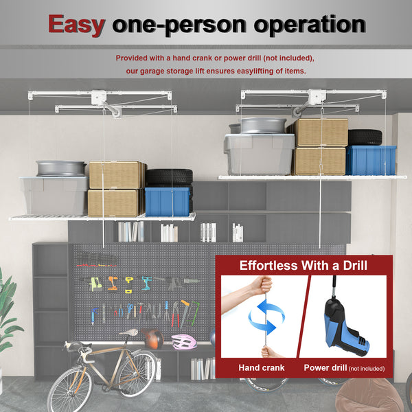White Steel Overhead Garage Storage Rack with Crank Lift and Auto Safety Lock