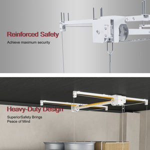 White Steel Overhead Garage Storage Rack with Crank Lift and Auto Safety Lock