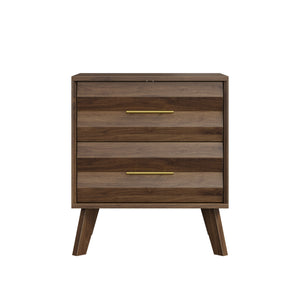 Walnut-Colored Two Drawer Nightstand with Pine Legs and Metal Hardware for Modern Bedrooms