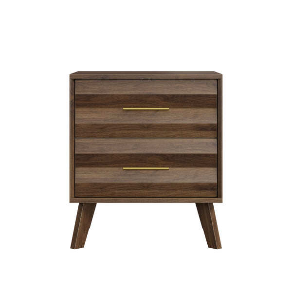 Walnut-Colored Two Drawer Nightstand with Pine Legs and Metal Hardware for Modern Bedrooms