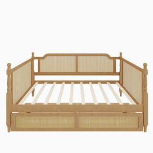 Traditional Rattan Woven Full Daybed with Pine Frame and Under Bed Storage Drawers