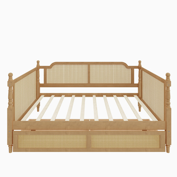 Traditional Rattan Woven Full Daybed with Pine Frame and Under Bed Storage Drawers