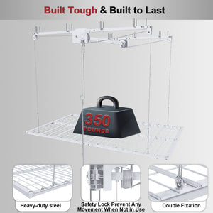 White Steel Overhead Garage Storage Rack with Crank Lift and Auto Safety Lock