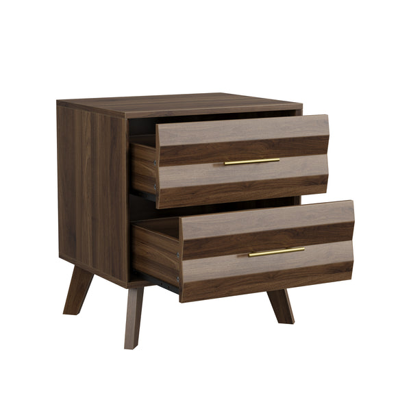 Walnut-Colored Two Drawer Nightstand with Pine Legs and Metal Hardware for Modern Bedrooms