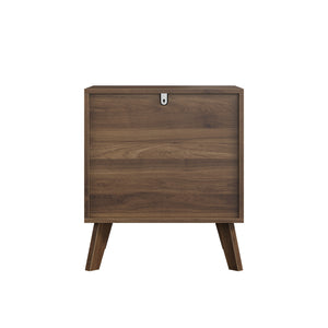 Walnut-Colored Two Drawer Nightstand with Pine Legs and Metal Hardware for Modern Bedrooms