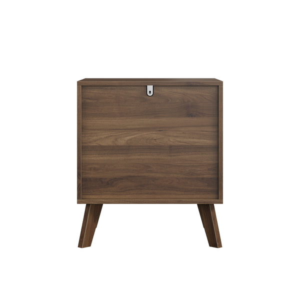Walnut-Colored Two Drawer Nightstand with Pine Legs and Metal Hardware for Modern Bedrooms