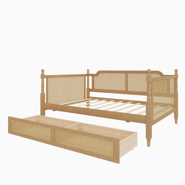 Traditional Rattan Woven Full Daybed with Pine Frame and Under Bed Storage Drawers