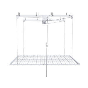 White Steel Overhead Garage Storage Rack with Crank Lift and Auto Safety Lock