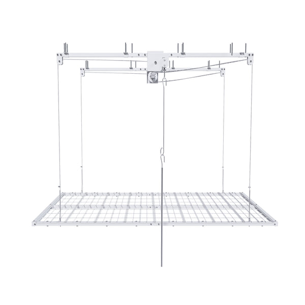 White Steel Overhead Garage Storage Rack with Crank Lift and Auto Safety Lock
