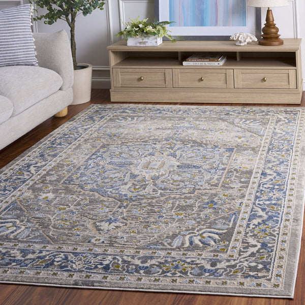 Safavieh Palma Square Area Rug In Grey And Teal — Low-Profile Power-Loomed Turkish Design, Durable, Stain-Resistant 6'-7" x 6'-7" PAM376G-7SQ