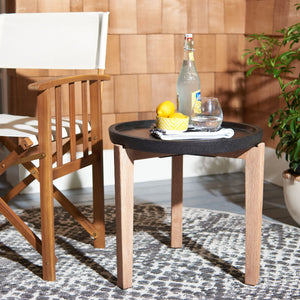 Safavieh Serka Side Table - Stylish Black Concrete Top With Natural Acacia Base For Outdoor Serenity & Elegance Black Concrete Ficonstone Pat1510a