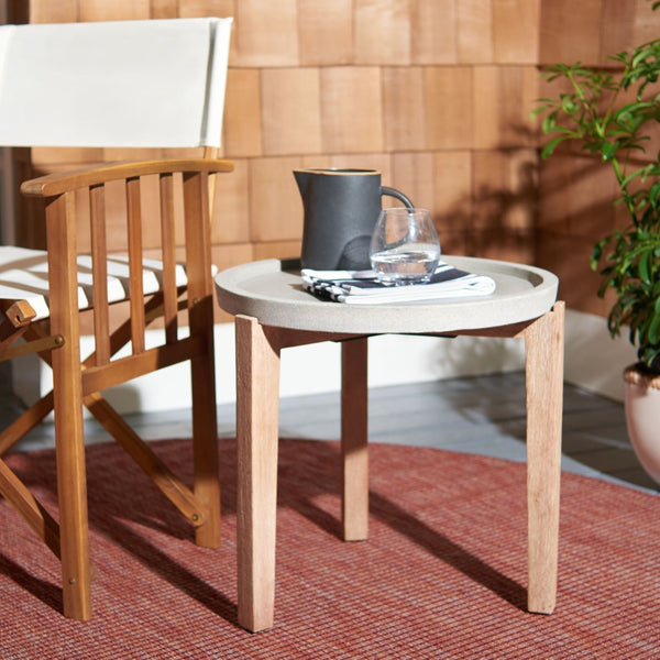 Safavieh SERKA Side Table - Elegant Natural Acacia Base with Modern Concrete Top for Outdoor Living Spaces Light Grey PAT1510B