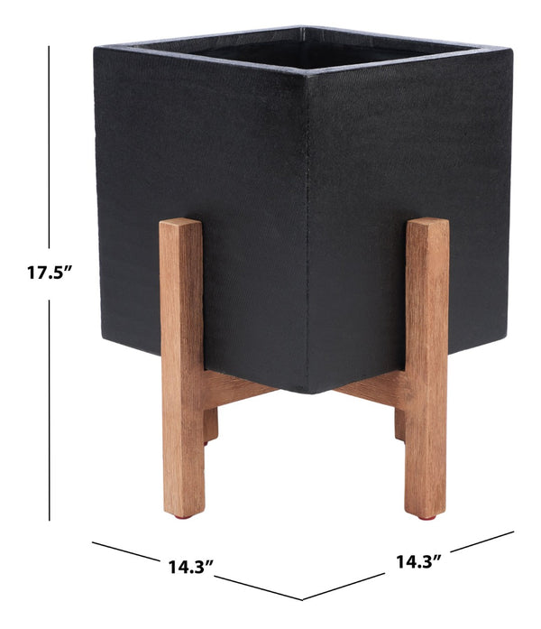 Safavieh BORSLA Planter - Modern Concrete Cube with Acacia Legs for Stylish Outdoor & Indoor Decor Black PAT1512A