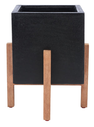 Safavieh BORSLA Planter - Modern Concrete Cube with Acacia Legs for Stylish Outdoor & Indoor Decor Black PAT1512A