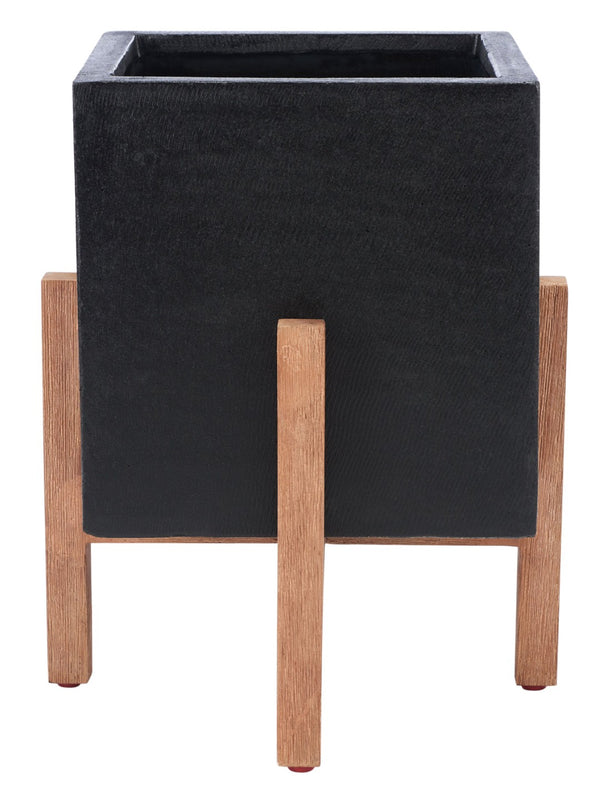 Safavieh BORSLA Planter - Modern Concrete Cube with Acacia Legs for Stylish Outdoor & Indoor Decor Black PAT1512A