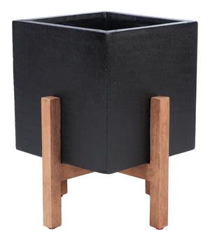 Safavieh BORSLA Planter - Modern Concrete Cube with Acacia Legs for Stylish Outdoor & Indoor Decor Black PAT1512A