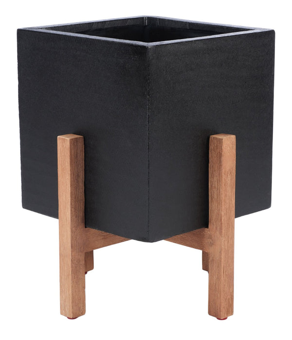 Safavieh BORSLA Planter - Modern Concrete Cube with Acacia Legs for Stylish Outdoor & Indoor Decor Black PAT1512A