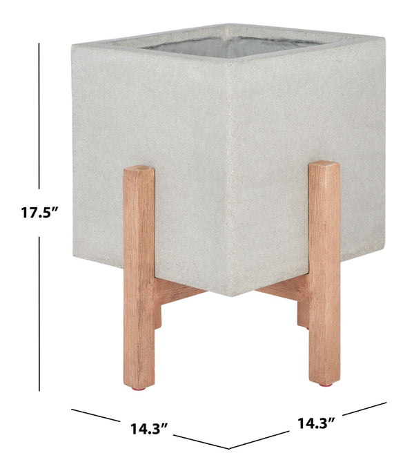 Safavieh BORSLA Planter - Modern Concrete Cube with Acacia Legs for Stylish Outdoor & Indoor Decor Light Grey PAT1512B