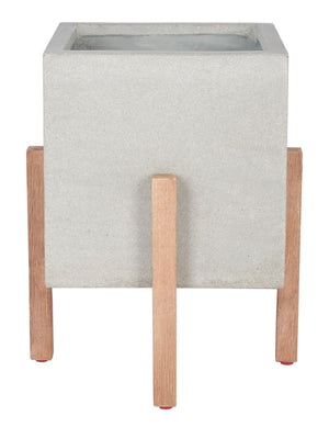 Safavieh BORSLA Planter - Modern Concrete Cube with Acacia Legs for Stylish Outdoor & Indoor Decor Light Grey PAT1512B