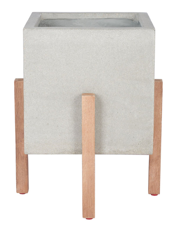 Safavieh BORSLA Planter - Modern Concrete Cube with Acacia Legs for Stylish Outdoor & Indoor Decor Light Grey PAT1512B