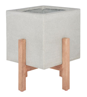 Safavieh BORSLA Planter - Modern Concrete Cube with Acacia Legs for Stylish Outdoor & Indoor Decor Light Grey PAT1512B