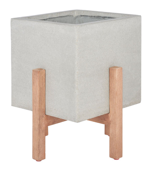 Safavieh BORSLA Planter - Modern Concrete Cube with Acacia Legs for Stylish Outdoor & Indoor Decor Light Grey PAT1512B