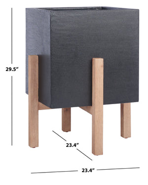 Safavieh BORSLA Large Planter - Modern Concrete Cube with Stylish Acacia Legs for Outdoor Spaces Upgrade Black PAT1513A