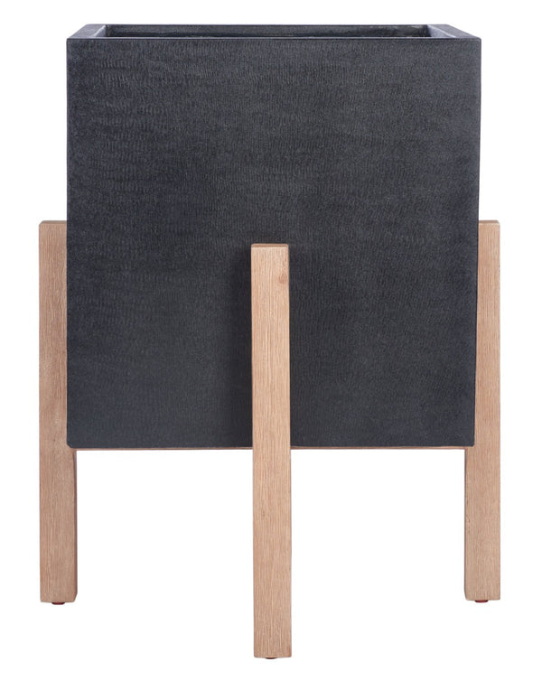 Safavieh BORSLA Large Planter - Modern Concrete Cube with Stylish Acacia Legs for Outdoor Spaces Upgrade Black PAT1513A