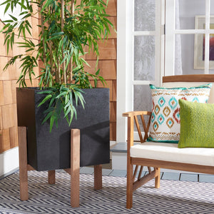 Safavieh BORSLA Large Planter - Modern Concrete Cube with Stylish Acacia Legs for Outdoor Spaces Upgrade Black PAT1513A
